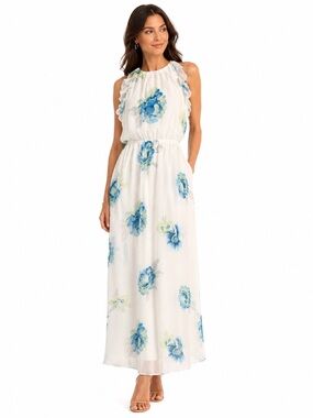 OLD NAVY White & Blue Floral Flutter Sleeve Chiffon Maxi Dress NWOT